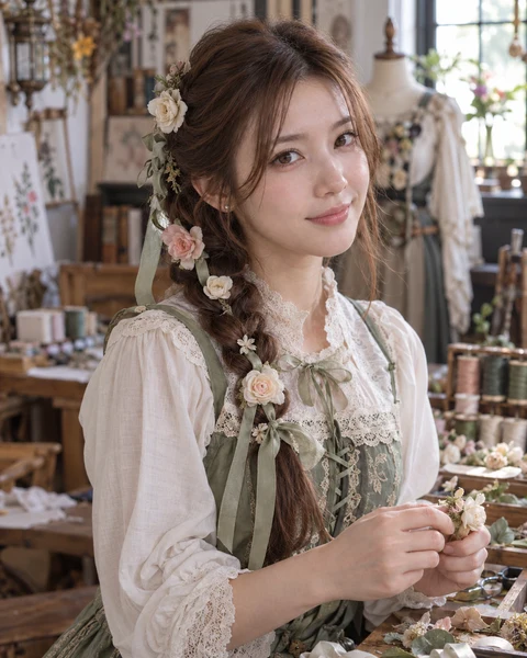 갈색 땋은 머리에 직접 만든 꽃과 리본 장식을 단 코스프레 인물